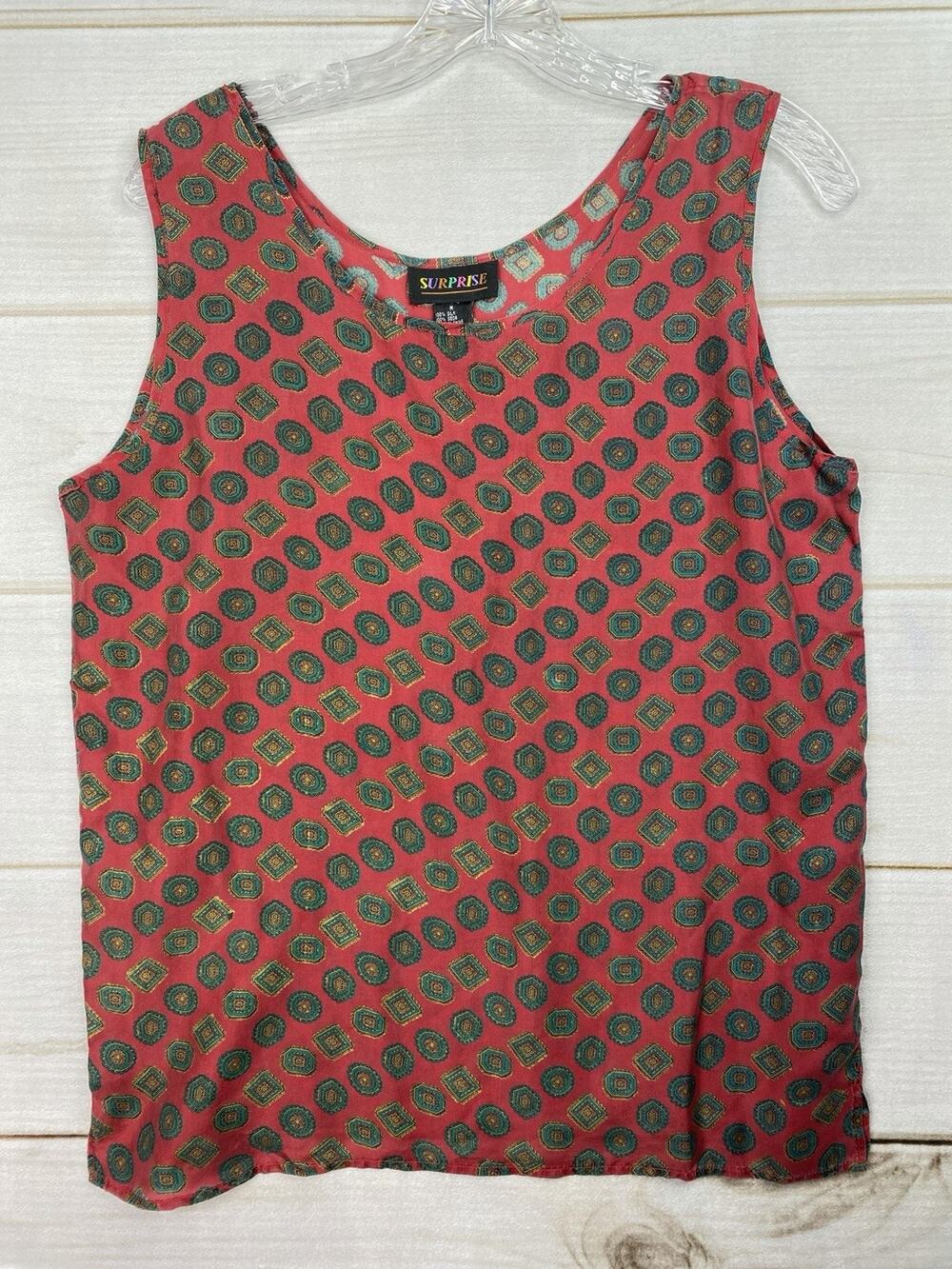 Surprise Womens 100% Silk Top Sz M Red Green Medallion Print Sleeveless Tank 80s